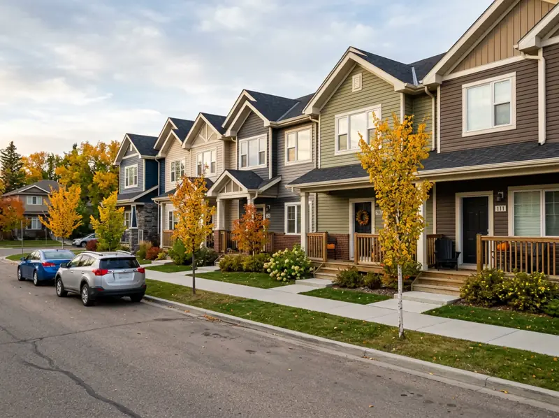 Row of modern two-storey townhouses with young yellow fall trees in Hampton Village, Saskatoon