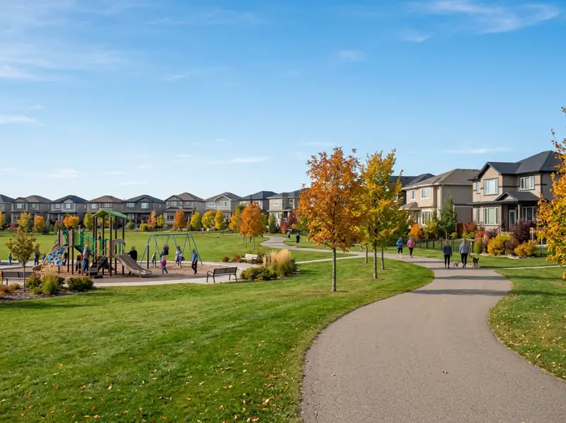Open park with a modern playground and paved path past young fall trees in Hampton Village