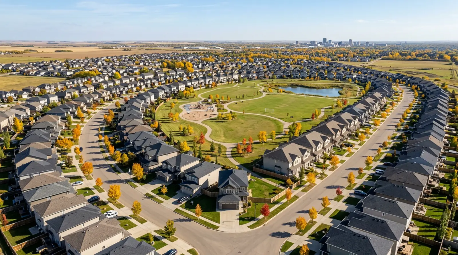 Aerial of Hampton Village crescents with modern two-storey homes, townhouses and a park in fall, Saskatoon