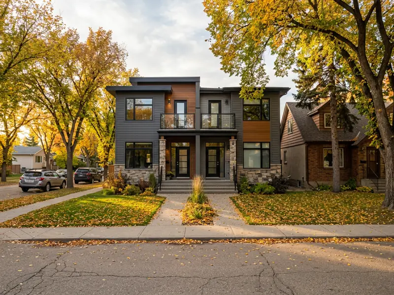 Two-storey semi-detached infill home beside an older character house with fall leaves in Haultain