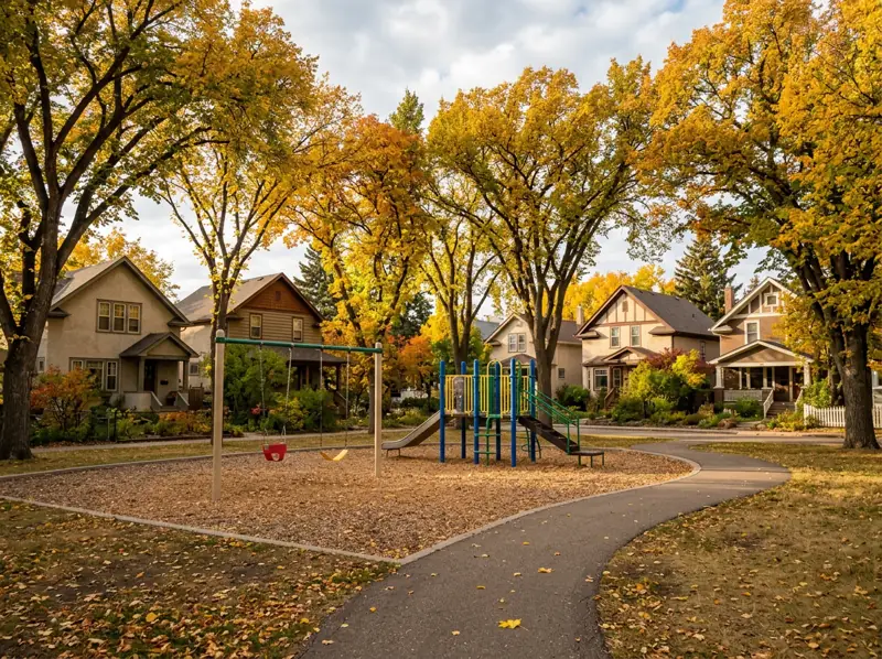 Compact playground and paved path under large yellow fall trees in a Haultain neighbourhood park