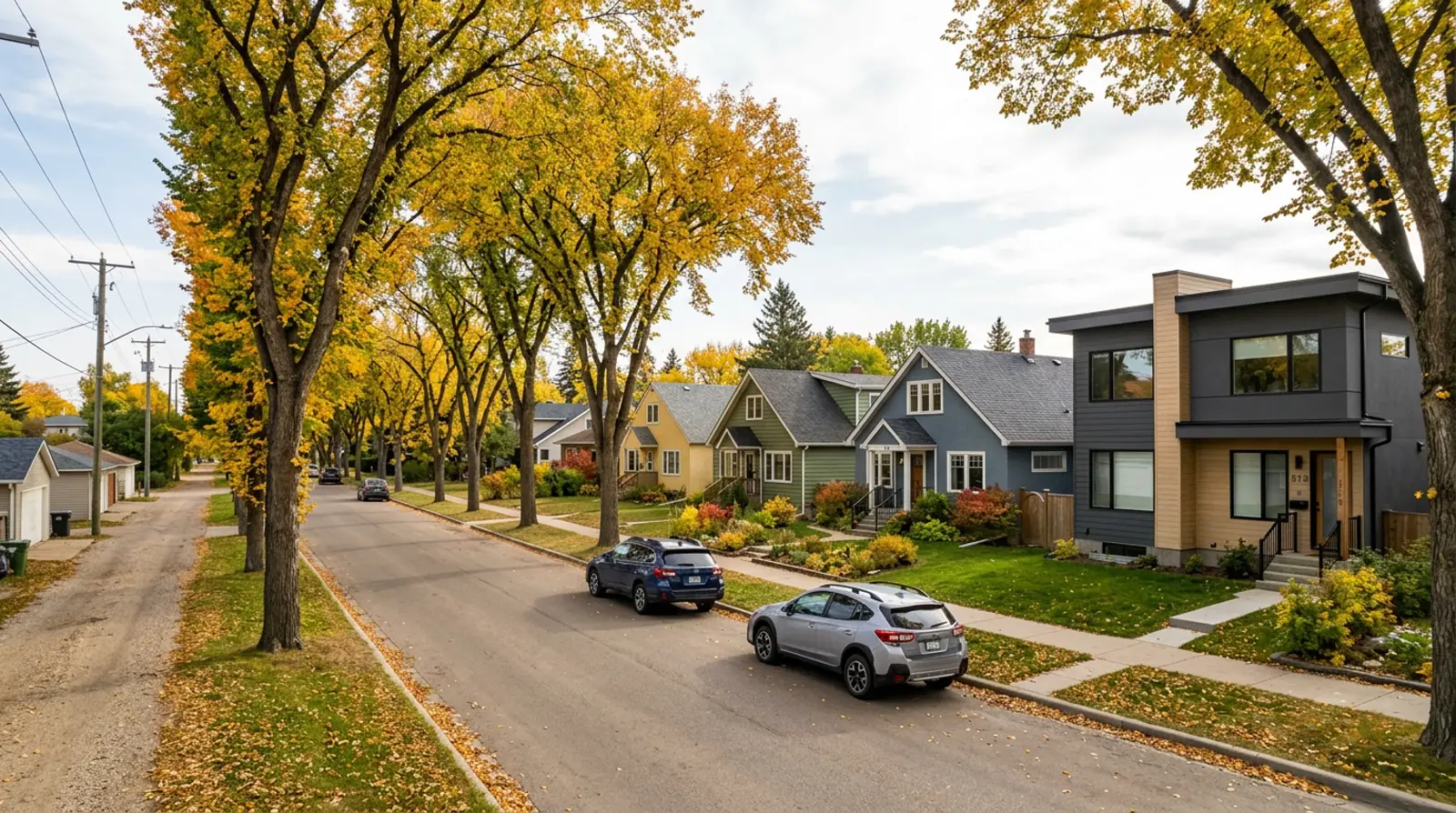 Haultain block of 1940s and 1950s character houses beside a newer semi-detached infill under fall trees