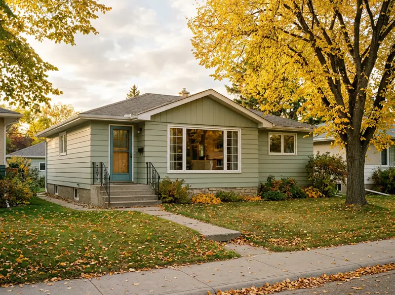 1950s painted bungalow with a picture window and yellow fall tree in Holiday Park, Saskatoon