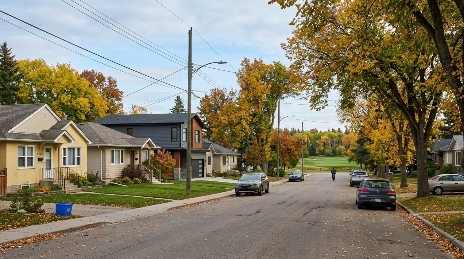 Holiday Park street of 1950s bungalows and a newer infill home under fall trees near open green space