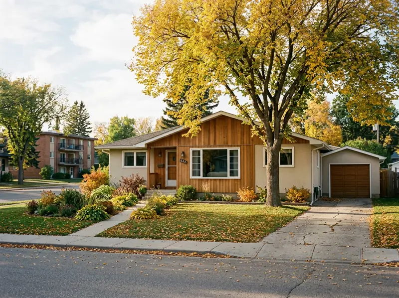 1960s stucco bungalow with a golden fall tree and a low-rise apartment down the block in Holliston