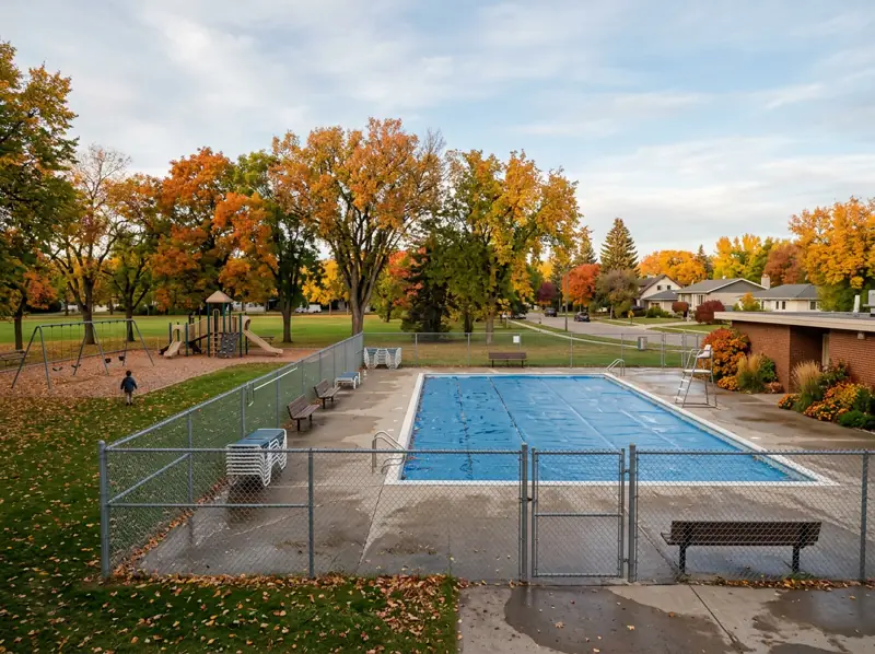 Fenced outdoor pool closed for the season beside a park with fall trees and a playground in Holliston