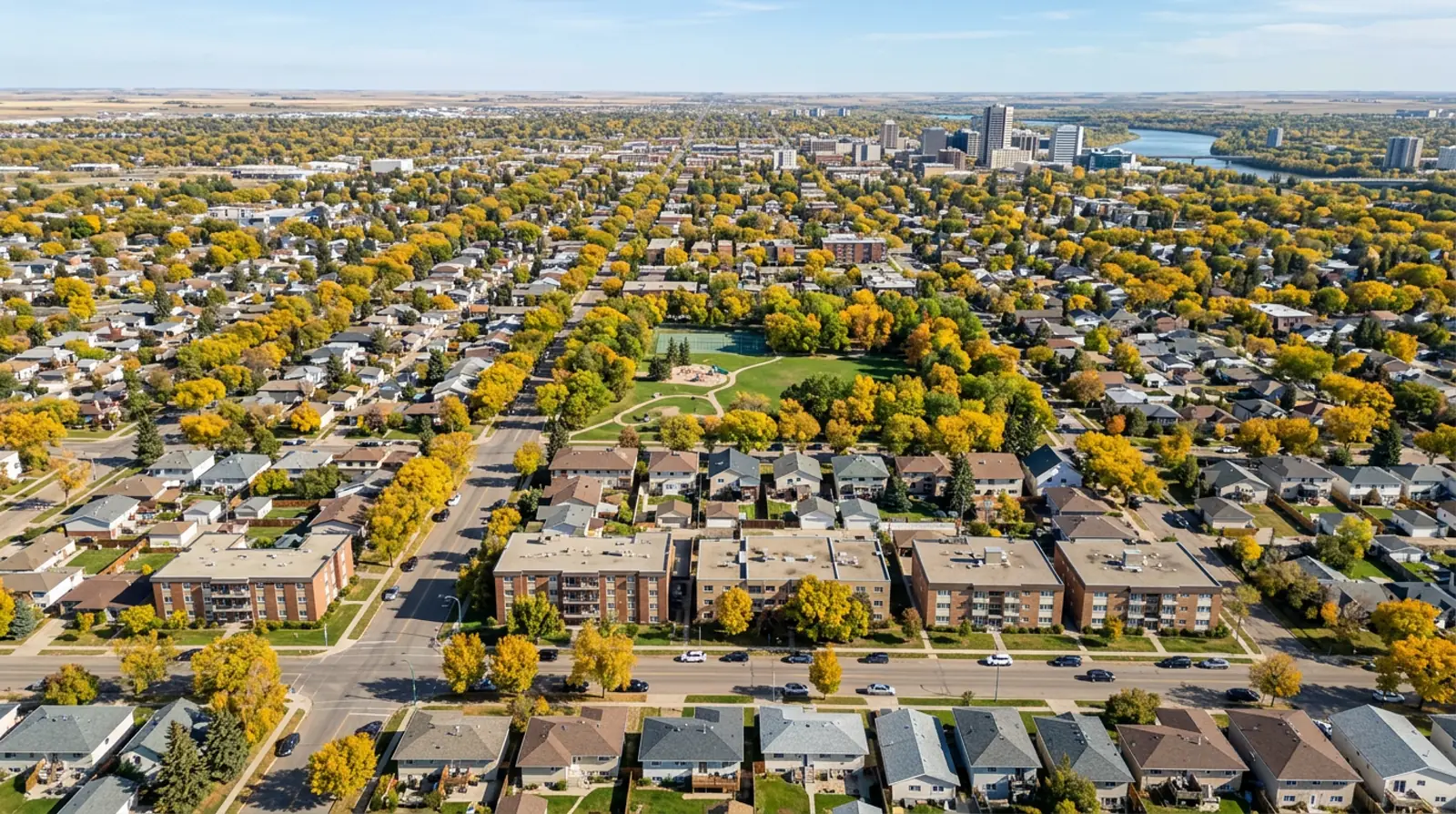 Aerial of Holliston streets with 1950s bungalows, low-rise apartments and yellow fall trees in Saskatoon