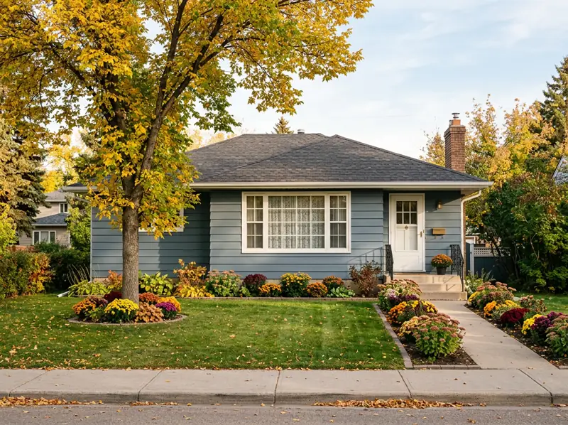 1950s one-storey house with a wide lawn, fall garden beds and a yellow tree in Hudson Bay Park