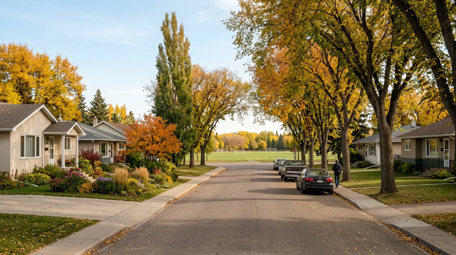 Hudson Bay Park street of 1950s and 1960s houses with wide yards, gold fall trees and a park field ahead