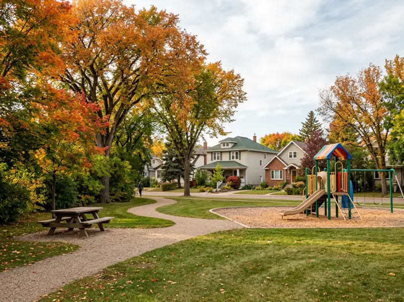 Small park with a play structure, picnic table and gravel path under fall trees in Kelsey-Woodlawn