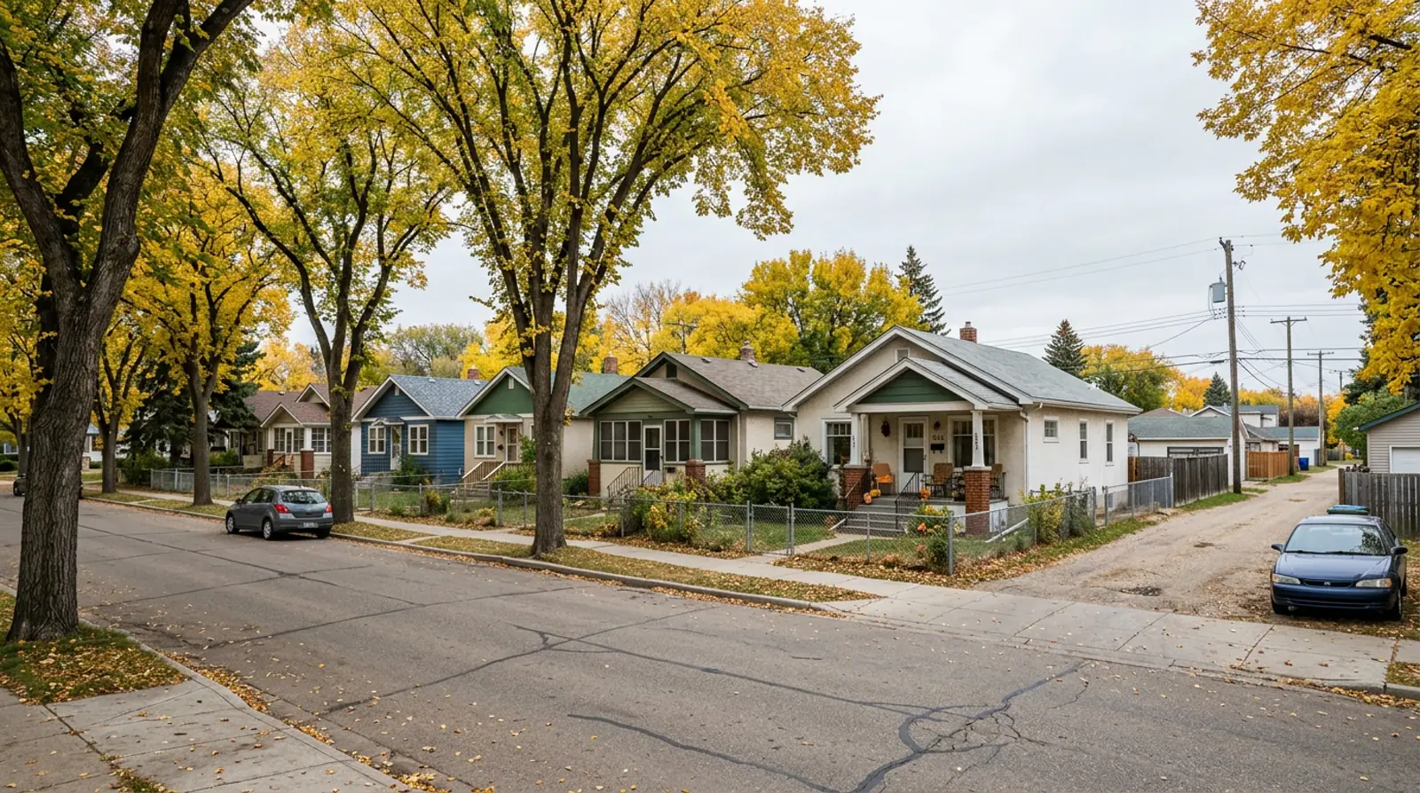 Short Kelsey-Woodlawn block of compact older bungalows and mature yellow fall trees in Saskatoon