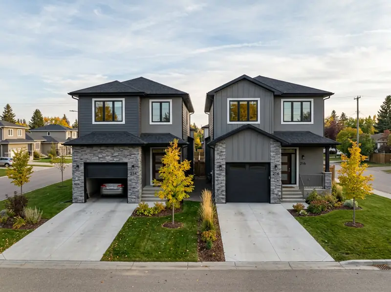 Modern semi-detached two-storey homes with stone accents and young fall trees in Kensington, Saskatoon