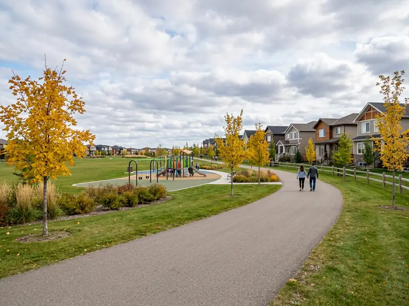 Paved pathway through a new park with a modern playground and young fall trees in Kensington