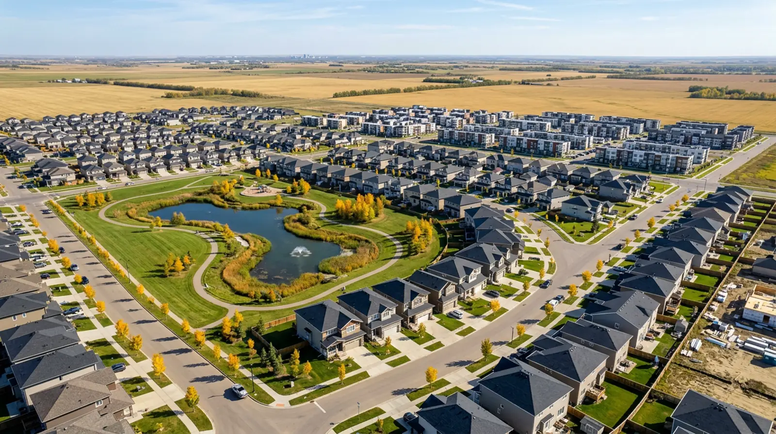 Aerial of Kensington crescents with new two-storeys, semi-detached homes, townhouses and a park in fall