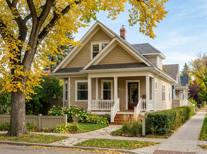 Restored early 1900s character house with a gable roof and covered porch under a yellow elm in King George