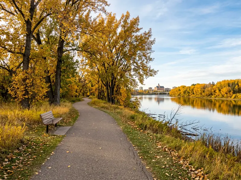 Riverside paved path and bench under gold cottonwoods along the river near King George, Saskatoon