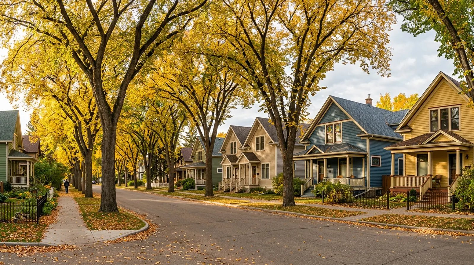 King George street of early 1900s character houses with porches under arching yellow elms in Saskatoon
