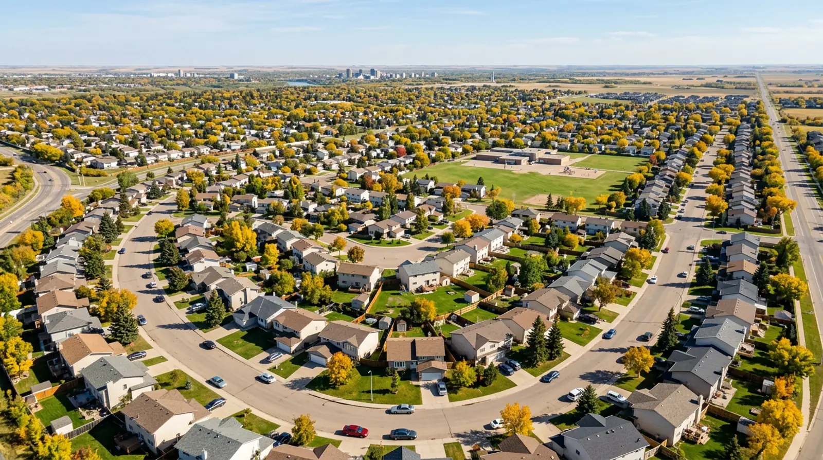 Aerial of curving crescents and 1980s detached homes with fall trees in Lakeridge, Saskatoon