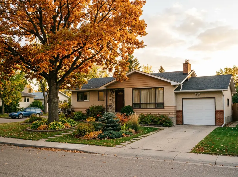 1980s stucco bungalow with an attached garage and an orange fall tree in Lakeview, Saskatoon