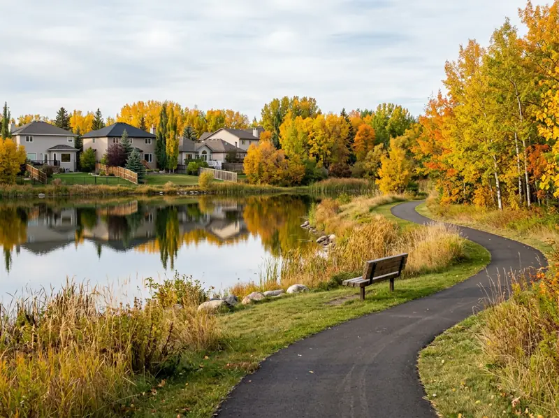 Stormwater pond with a paved path, bench and yellow fall trees in Lakeview, Saskatoon