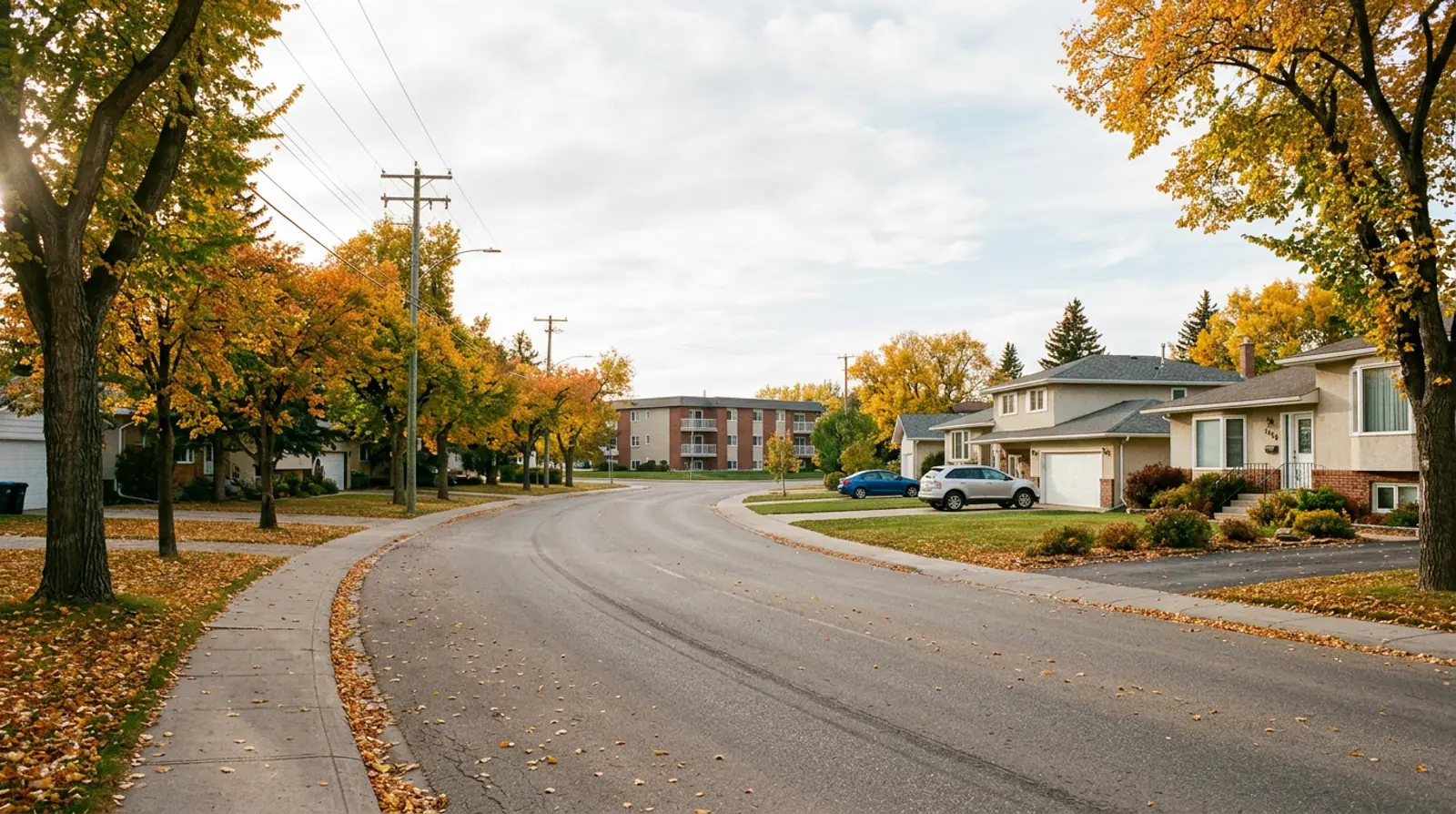 Curving Lakeview street of 1980s bungalows and bi-levels with a low-rise condo and fall trees