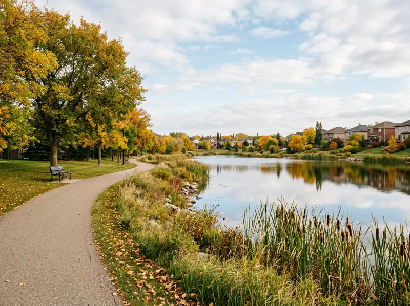 Pond with a paved shoreline path, benches and yellow fall trees in the Lakewood area