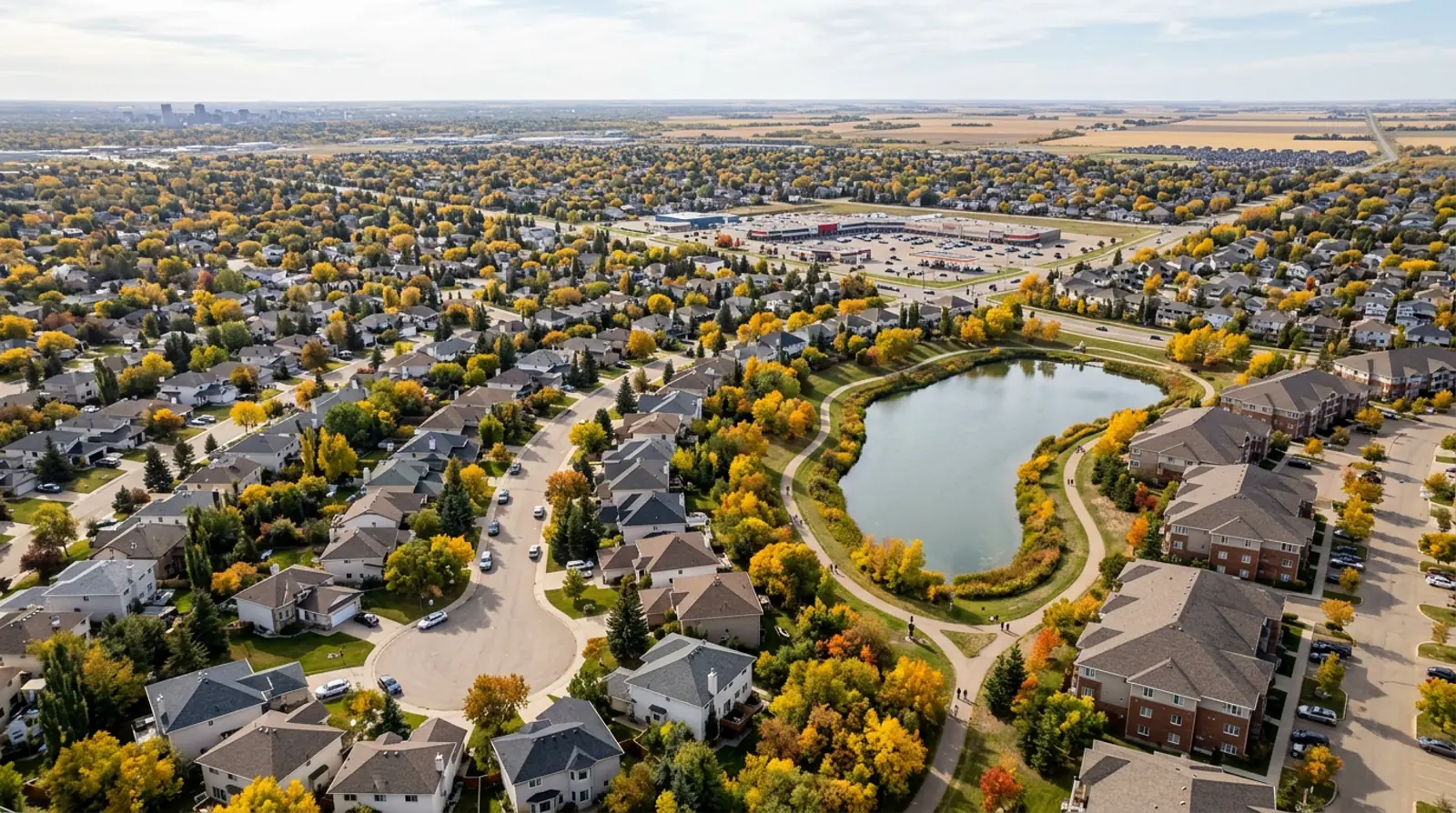 Aerial of detached homes, low-rise condos and a pond with fall trees in the Lakewood area of Saskatoon