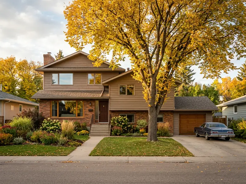 1970s split-level home with brick and siding and a golden fall tree in Lawson Heights