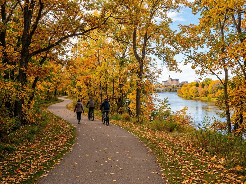 Paved river valley trail through yellow and orange fall trees near Lawson Heights