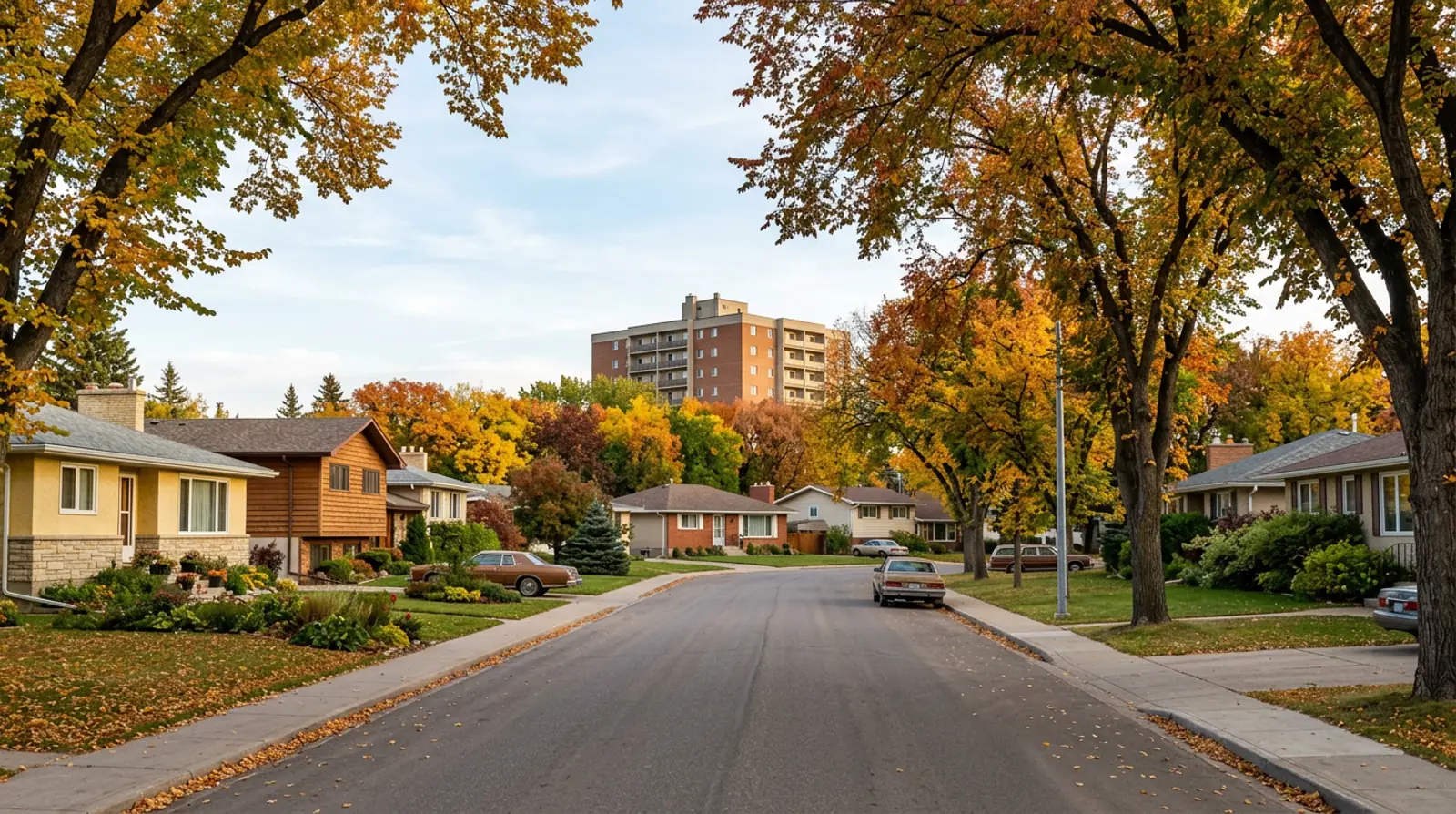 Lawson Heights street of 1970s bungalows and split-levels under mature fall trees with a condo beyond