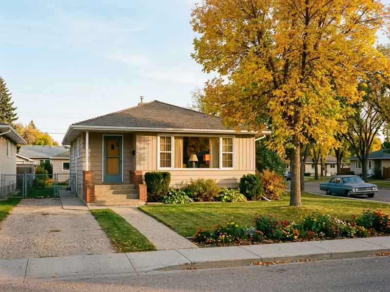 Modest 1960s bungalow with a picture window and a yellow fall tree in Massey Place