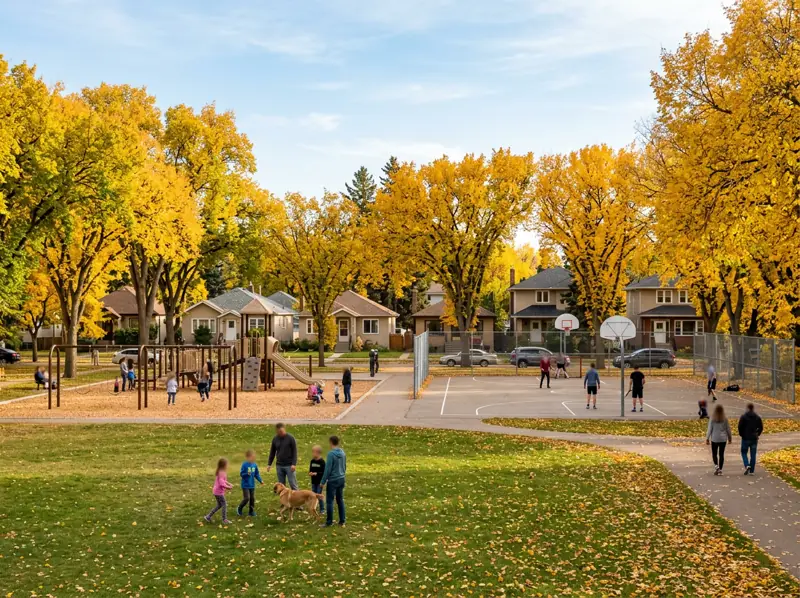 Park with a playground, sports court and open grass under gold fall trees in Massey Place