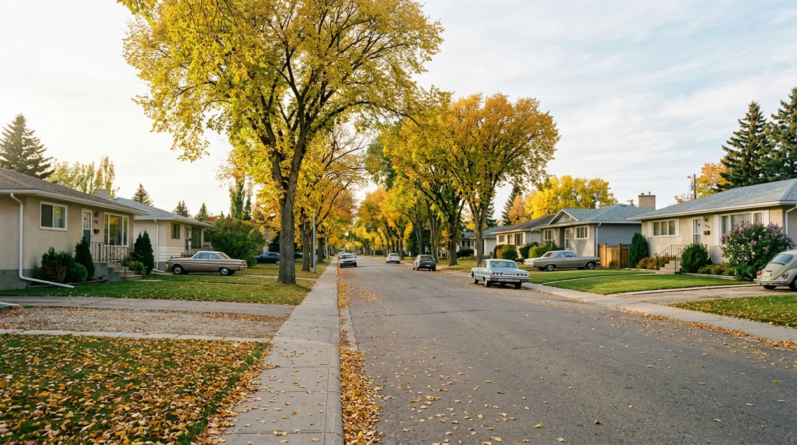 Massey Place street of 1960s bungalows and split-levels with yellow fall trees in Saskatoon