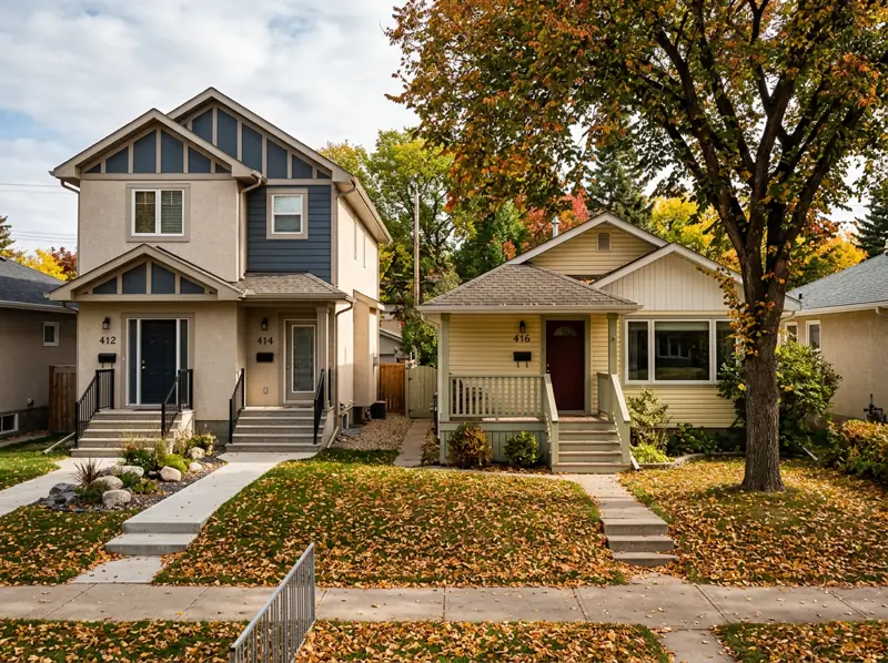 Side-by-side duplex beside a 1950s bungalow with fall leaves on the lawn in Mayfair, Saskatoon
