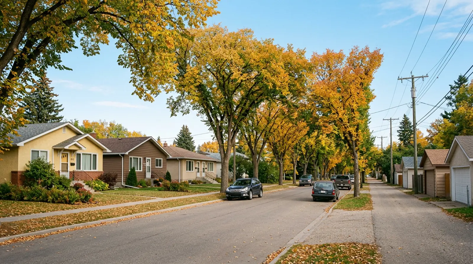Mayfair Saskatoon street of 1950s bungalows and duplexes under mature trees with yellow fall leaves