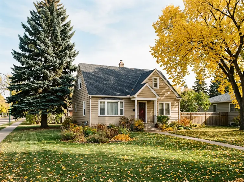 Post-war storey-and-a-half house on a wide lawn with spruce and yellow elm in Montgomery Place, Saskatoon