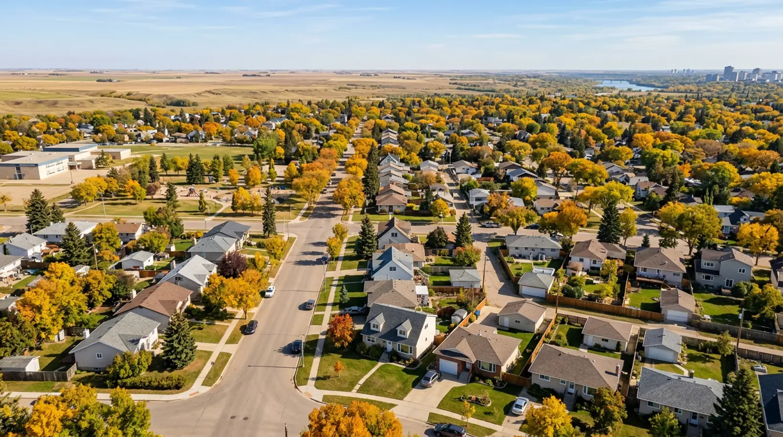 Aerial of Montgomery Place Saskatoon with wide streets, post-war homes and mature fall trees on large lots