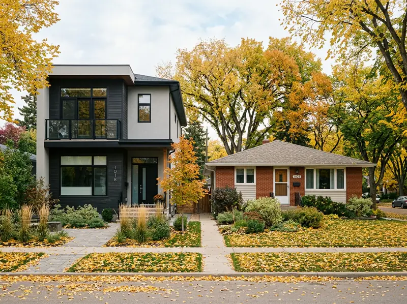 Modern two-storey infill beside a post-war bungalow with fall leaves in Mount Royal, Saskatoon