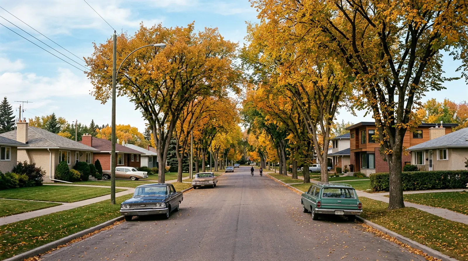 Mount Royal Saskatoon street of post-war bungalows and newer infill under a canopy of fall trees