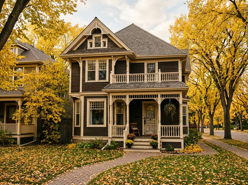Two-storey heritage house with a front porch and yellow elms on a North Park street in Saskatoon