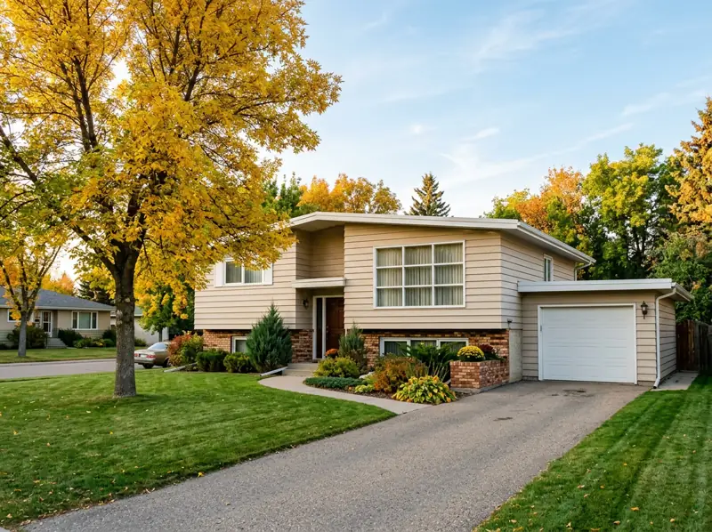1970s split-level house with brick and siding, attached garage and a golden fall tree in Nutana Park