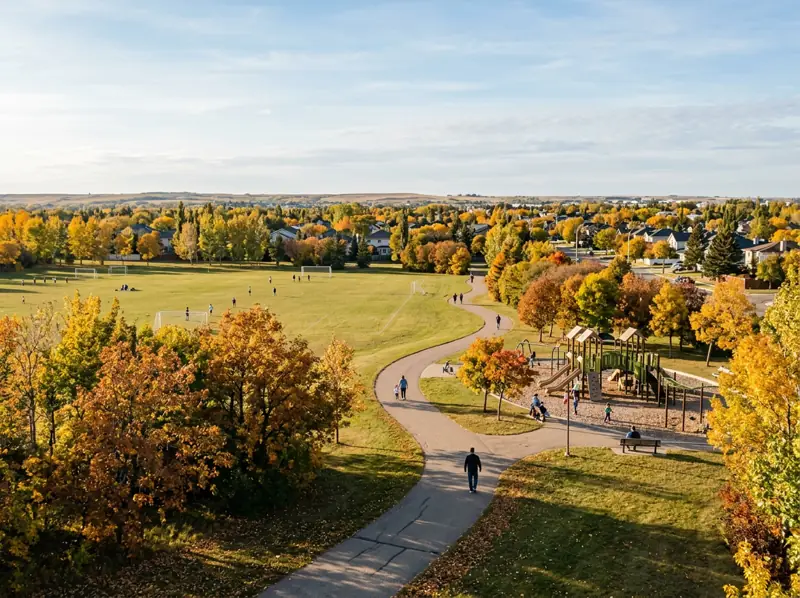 Open park field, playground and tree-lined walking path in fall colours in Nutana Park, Saskatoon