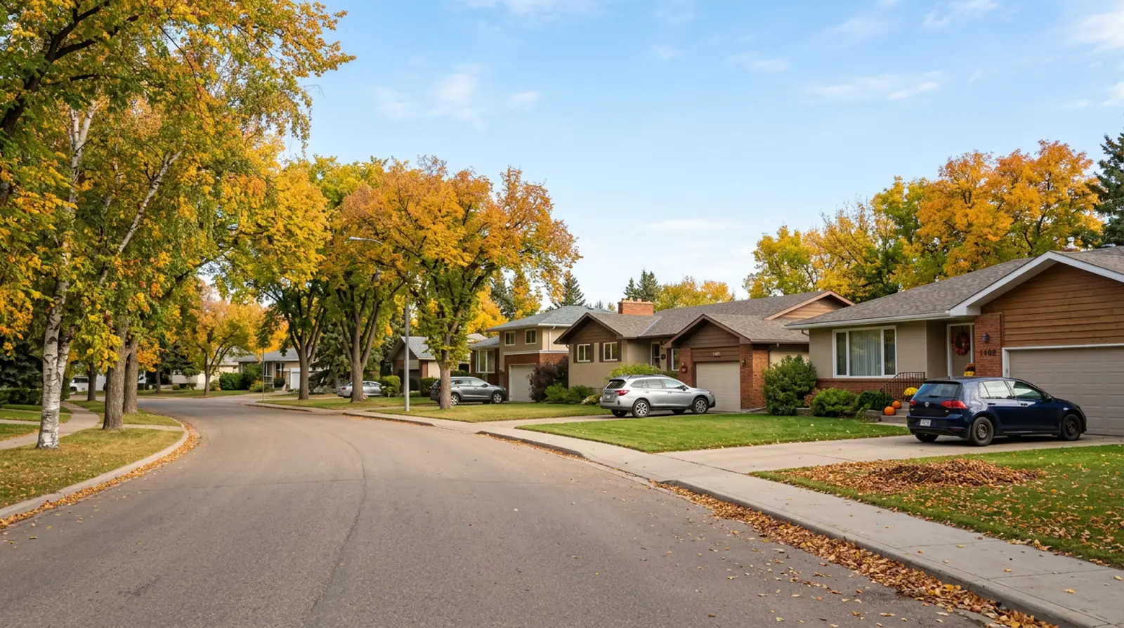 Nutana Park street of 1960s and 1970s bungalows and split-levels with mature fall trees in Saskatoon