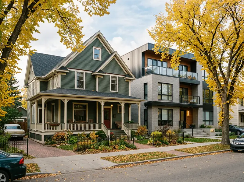 Century-old character home with a veranda next to a low-rise condo building in Nutana, Saskatoon