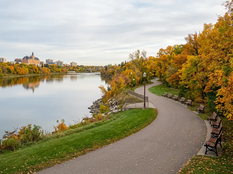 Riverside park with paved trail, benches and orange fall trees on the east bank in Nutana, Saskatoon