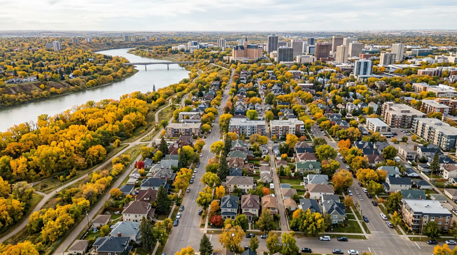 Aerial of Nutana Saskatoon with character homes, condo buildings and golden river valley trees