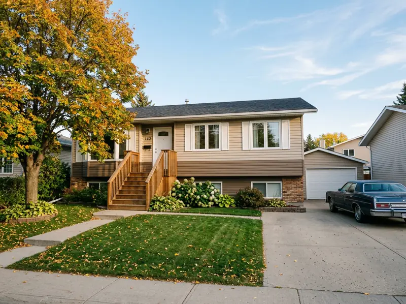 1970s bilevel house with two-tone siding, front steps and a yellow fall tree in Pacific Heights