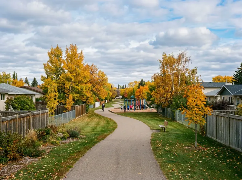 Paved path through a grassy linear park with gold fall trees and a distant playground in Parkridge