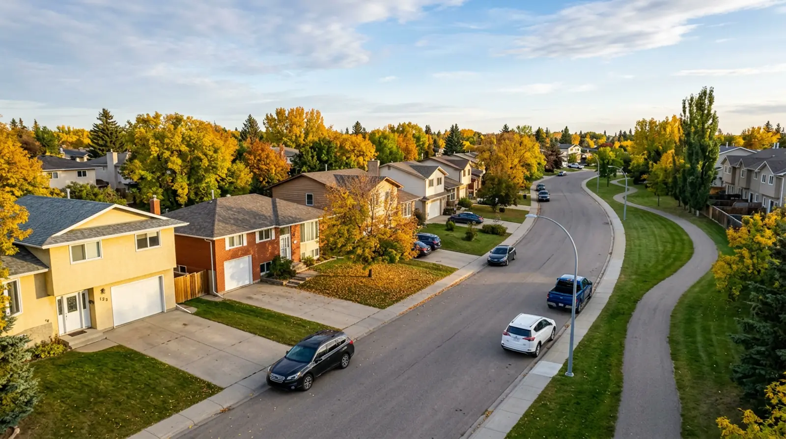 Parkridge crescent of 1970s and 1980s split-levels and bungalows with fall trees and green space, Saskatoon