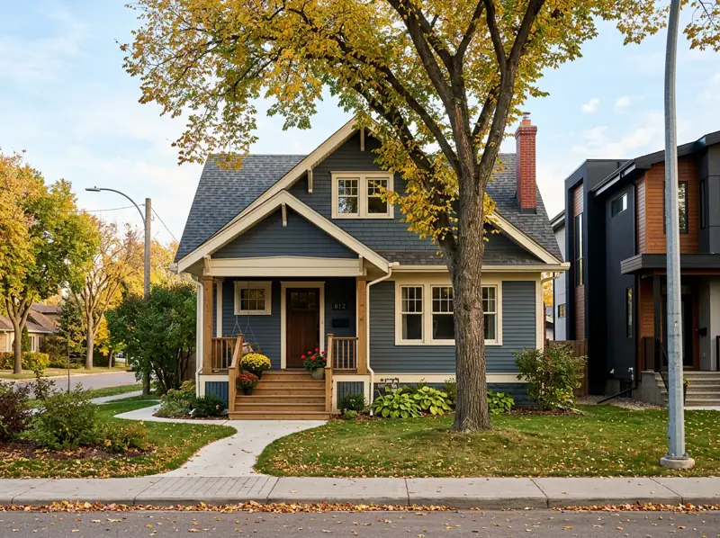 Older character house with a gabled roof and front porch beside newer infill in Pleasant Hill, Saskatoon